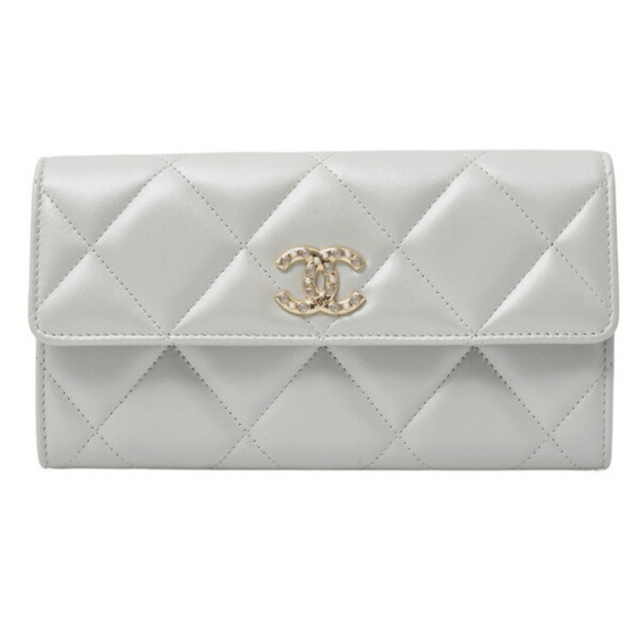 CHANEL Handbags - CHANEL Authentic Gray Lambskin Leather Logo Wallet